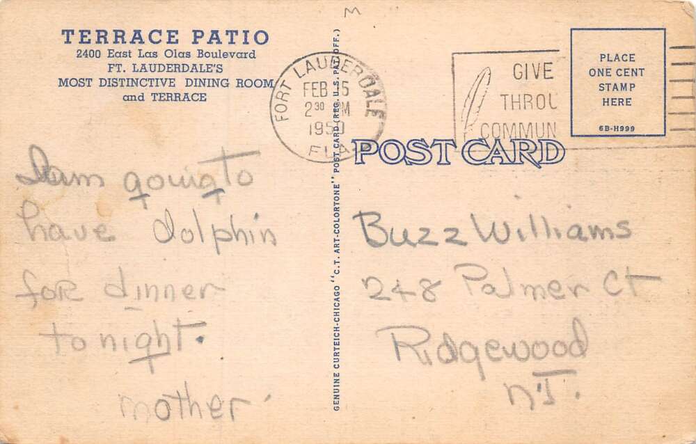 Fort Lauderdale Florida Terrace Patio Outside Dining Terrace Postcard AA61051 - Image 2