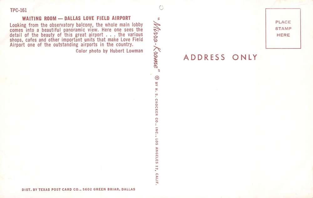Dallas Texas Love Field Airport Waiting Room Gift Shop Postcard AA61052 - Image 2