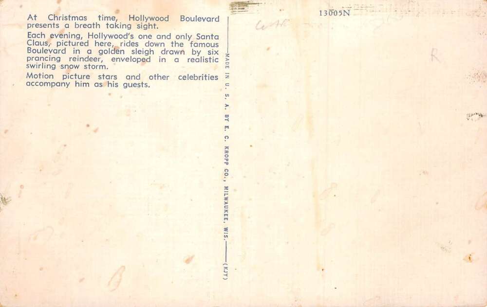 Christmas Greetings Hollywood's Santa Claus Vintage Postcard AA63292 - Image 2