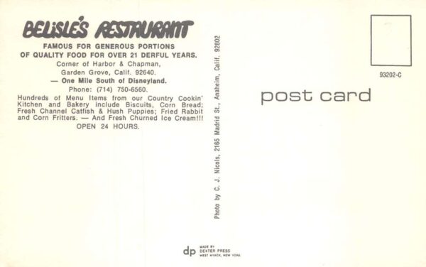 Garden Grove California Belisle's Restaurant Vintage Postcard AA63742 - Image 2