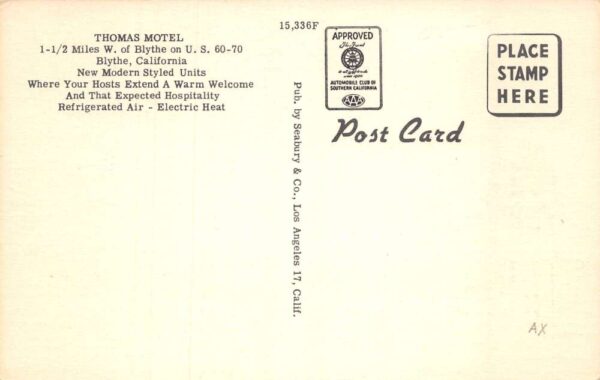 Blythe California Thomas Motel Room Interior Vintage Postcard AA63771 - Image 2