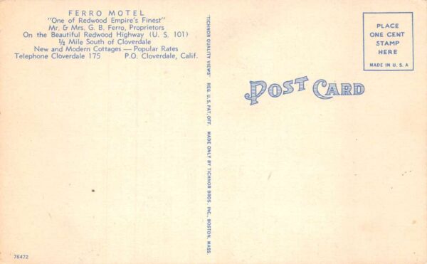 Cloverdale California Ferro Motel Exterior View Linen Postcard AA63773 - Image 2