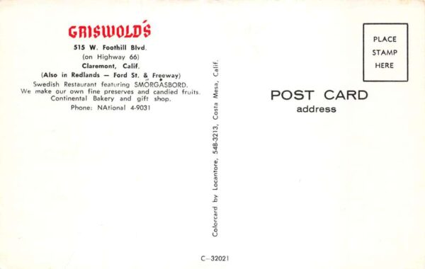 Claremont California Griswold's Swedish Restaurant Outside View PC AA63775 - Image 2