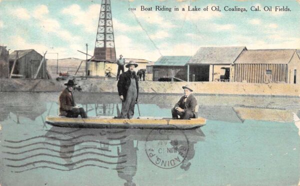 Coalinga California Oil Fields Boat Riding in Lake of Oil Postcard AA63804
