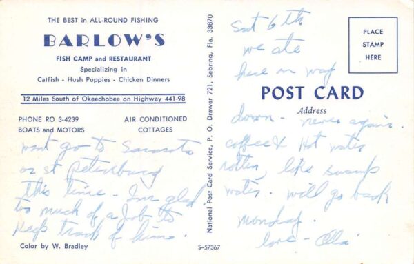 Okeechobee Florida Barlow's Fish Camp and Restaurant Vintage Postcard U19 - Image 2