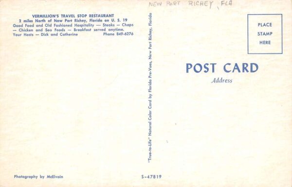 New Port Richey Florida Vermillion's Travel Stop Restaurant Vintage PC U26 - Image 2