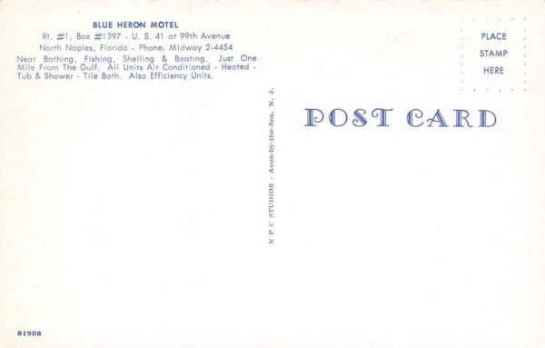 North Naples Florida Blue Heron Motel Exterior View Vintage Postcard U27 - Image 2
