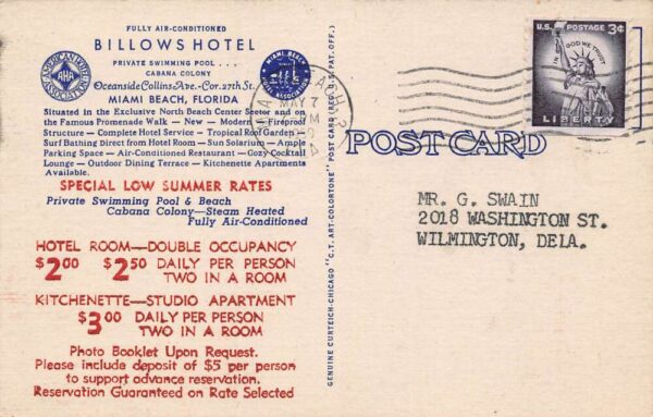 Miami Beach Florida Billows Hotel Swimming Pool Vintage Postcard U40 - Image 2