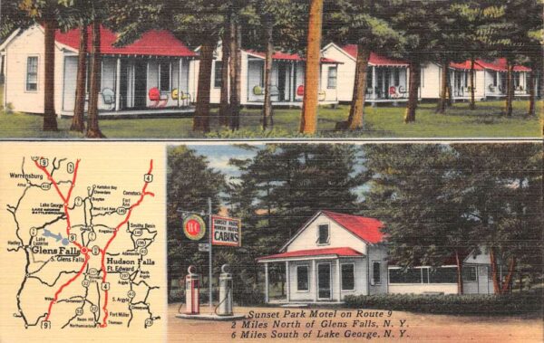 Glens Falls New York Sunset Park Motel and Gas Station Vintage Postcard AA63906