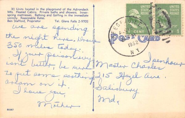 Glens Falls New York Sunset Park Motel and Gas Station Vintage Postcard AA63906 - Image 2