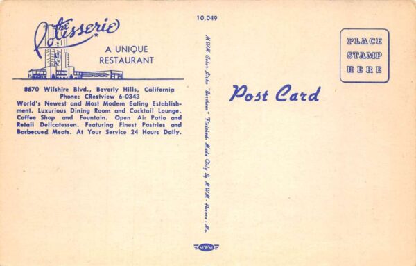 Beverly Hills California The Potisserie Restaurant Vintage Postcard AA63919 - Image 2