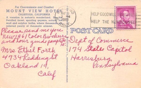 Calistoga California Mount View Hotel Linen Vintage Postcard AA63925 - Image 2