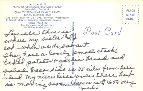 Escondido California Milan's Steak House Restaurant Vintage Postcard AA63929 - Image 2