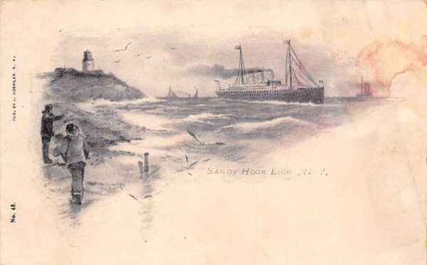 Sandy Hook New Jersey Lighthouse and Steamer Beach Scene Postcard AA63982