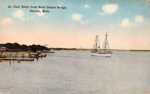 Detroit Michigan St Clair River from Belle Island Bridge Postcard AA63987