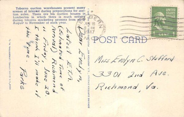 Lumberton North Carolina Unloading Tobacco for Auction Vintage Postcard AA64034 - Image 2