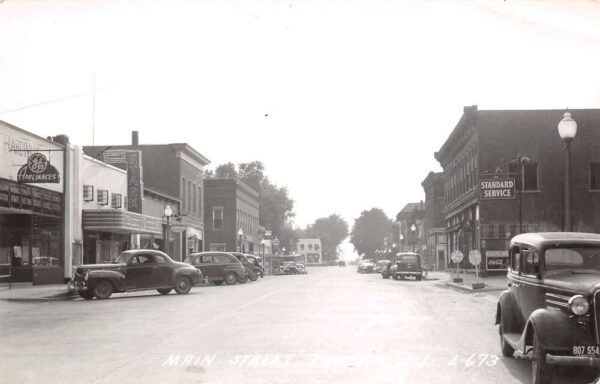 Toulon Illinois Main Street Businesses GE and Service Station Real Photo PC U495