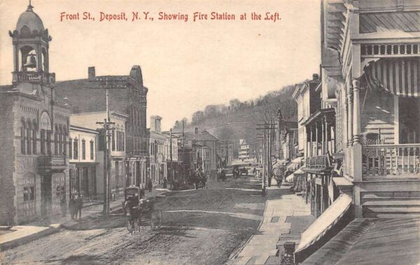 Deposit New York Front Street Fire Station on the Left Vintage Postcard U543