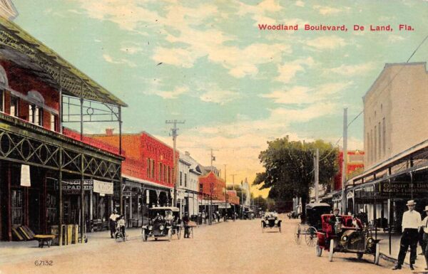 De Land Florida Woodland Boulevard Businesses Vintage Postcard U584