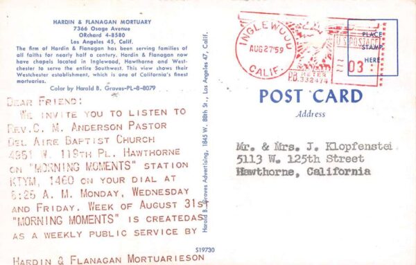 Los Angeles California Hardin and Flanagan Mortuary Front Entrance Postcard U601 - Image 2