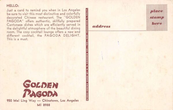 Los Angeles California The Golden Pagoda Restaurant Lighted Exterior PC U602 - Image 2