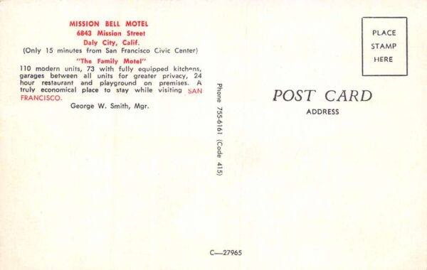 Dale City California Mission Bell Motel Motel Exterior Vintage Postcard U617 - Image 2