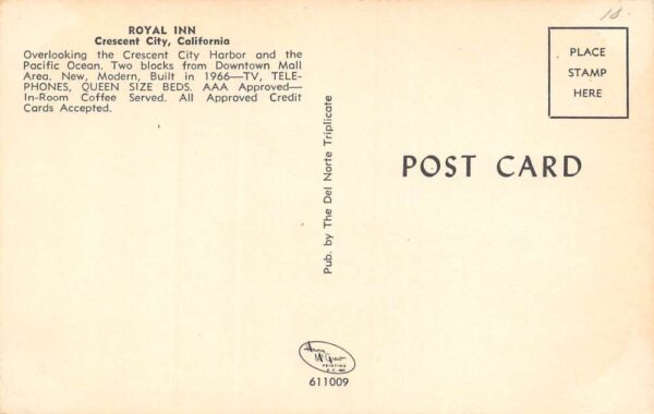 Crescent City California Royal Inn Inn Exterior Vintage Postcard U618 - Image 2