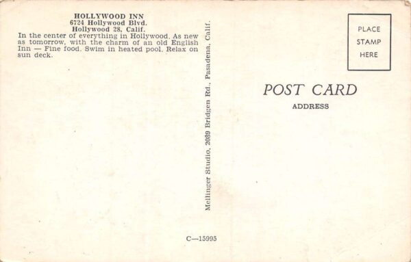 Hollywood California Hollywood Inn Swimming pool Vintage Postcard U629 - Image 2