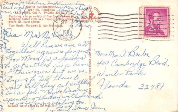 La Puente California Sweda Smorgasbord Buffet Restaurant Vintage Postcard U632 - Image 2