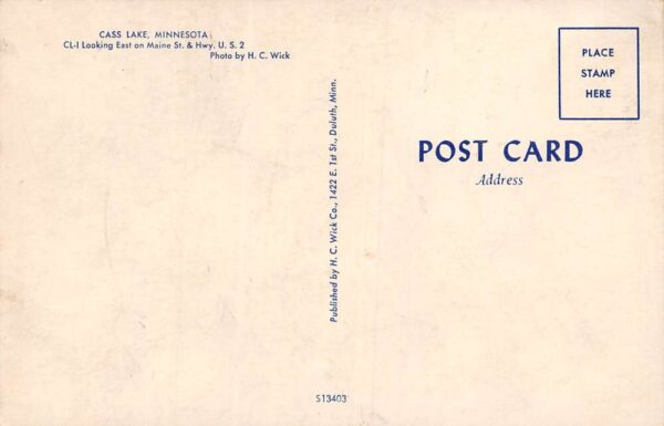 Cass Lake Minnesota View of Maine Street and Highway U.S. 2 Vintage PC U645 - Image 2