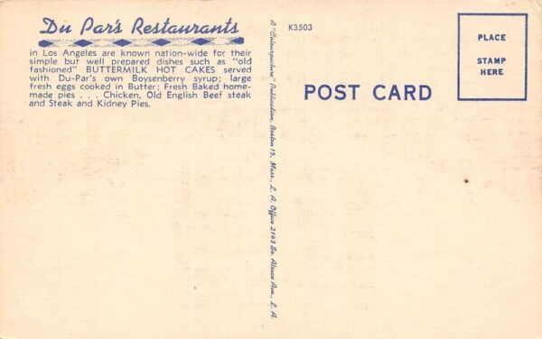 Los Angeles California Du Par's Restaurant View of Exterior/Interiors PC U670 - Image 2