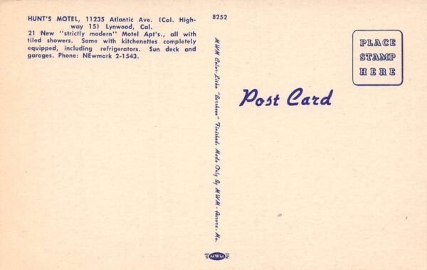 Lynwood California Hunt's Motel View of Building from Outside Postcard U672 - Image 2