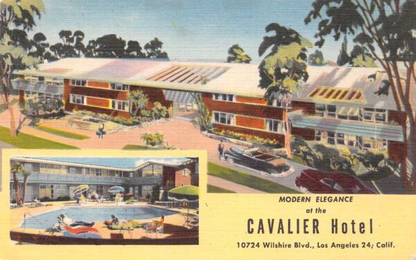 Los Angeles California Cavalier Hotel Entrance and Swimming Pool Postcard U682