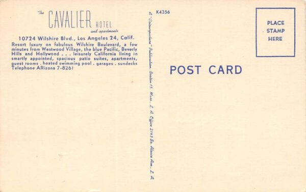 Los Angeles California Cavalier Hotel Entrance and Swimming Pool Postcard U682 - Image 2