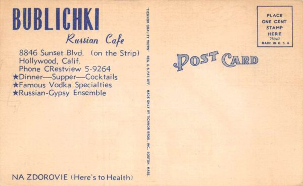Hollywood California Bublichki Russian Cafe Interior/Exterior Views Postcard U689 - Image 2