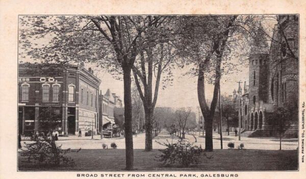 Galesburg Illinois Broad Street View from Central Park Vintage Postcard U701