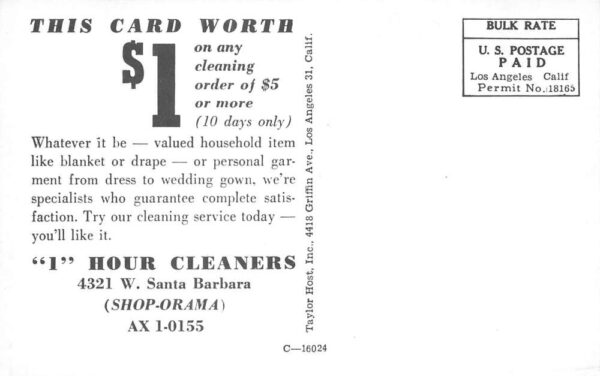 Santa Barbara California 1 Hour Cleaners Exterior Coupon on Back Postcard U771 - Image 2