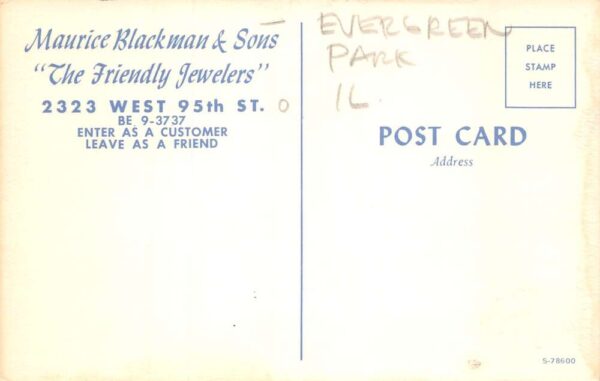 Evergreen Park Illinois Blackman and Sons Jewelers Exterior View Vintage PC U777 - Image 2