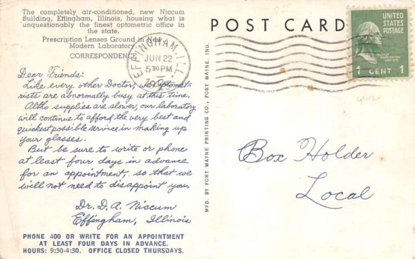 Effingham Illinois New Niccum Building Eye Doctor Vintage Postcard U778 - Image 2