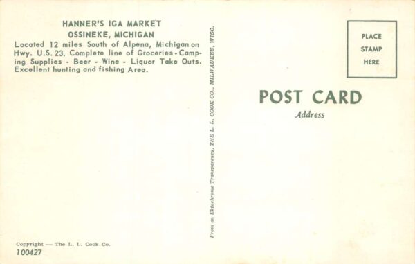 Ossineke Michigan Hanner's IGA Market Vintage Postcard U780 - Image 2