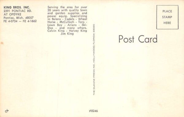 Pontiac Michigan King Brothers Lawn and Garden Supply store Vintage PC U781 - Image 2