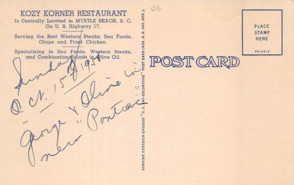 Myrtle Beach South Carolina Kozy Korner Restaurant Exterior Vintage PC U783 - Image 2