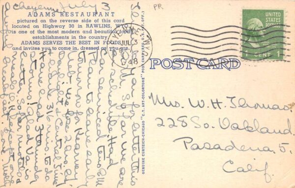 Rawlins Wyoming Adams Restaurant Interior/Exterior Views Vintage Postcard U809 - Image 2