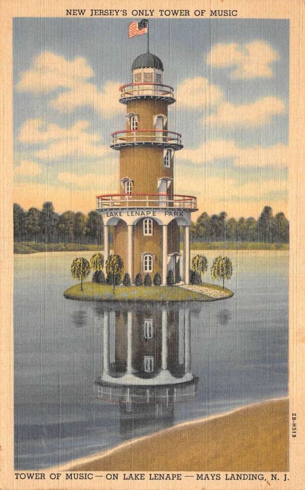 Mays Landings New Jersey Lake Lenape Tower of Music Linen Postcard AA64194