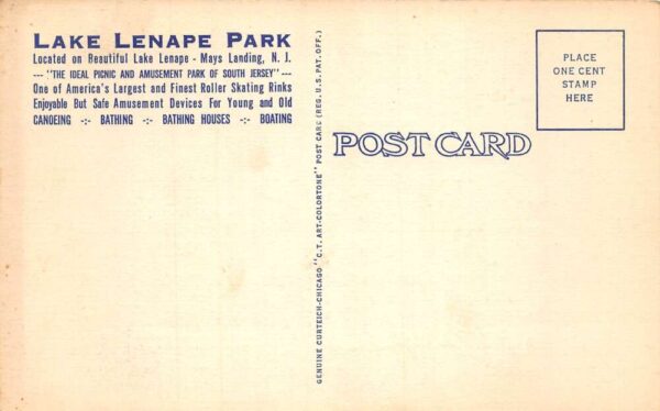 Mays Landings New Jersey Lake Lenape Tower of Music Linen Postcard AA64194 - Image 2