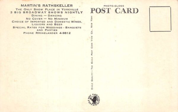New York City Martin's Rathskeller Restaurant Dining Room Postcard AA64209 - Image 2