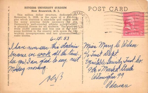 New Brunswick New Jersey Rutgers University Stadium Vintage Postcard AA64214 - Image 2