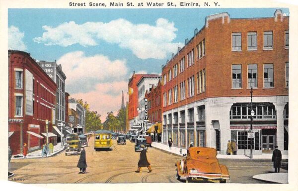 Elmira New York Main Street at Water Street Street Scene Vintage Postcard U911