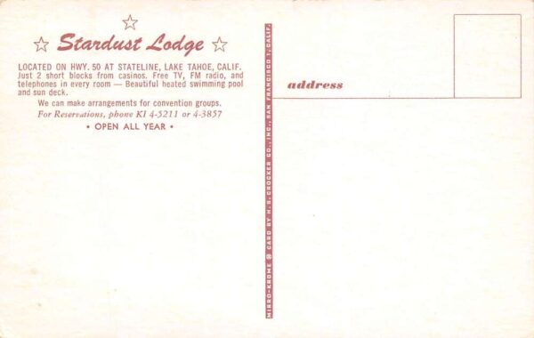 Lake Tahoe California Stardust Lodge Exterior View Vintage Postcard U977 - Image 2