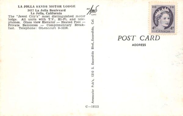 La Jolla California La Jolla Sands Motor Lodge Exterior and Pool Postcard U978 - Image 2
